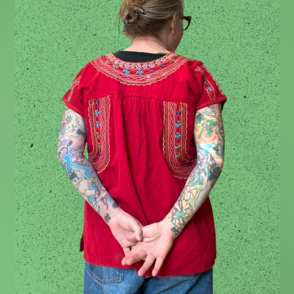 Vintage Red Embroidered Peasant Tunic - Picture 5 of 8